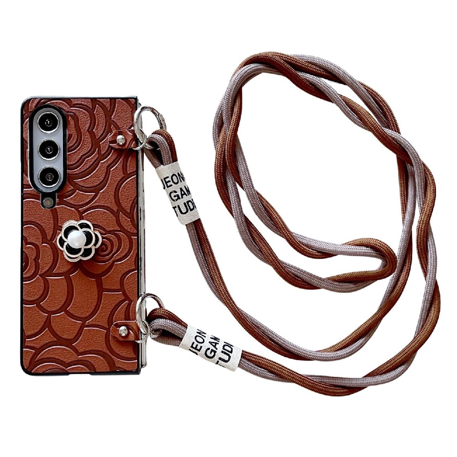 V562-B502500600ADE-202505221915-00 For Samsung Galaxy Z Fold4 5G Camellia Pattern Phone Case With Lanyard - Brown - Image 1