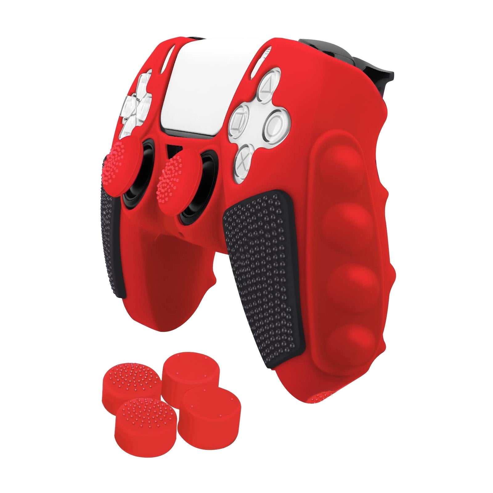 V562-C105627600ADE-202504182005-00 Silicone Gamepad Protective Case for Sony Ps5 with Splicing Design and Rocker Caps - Red Black - Image 1