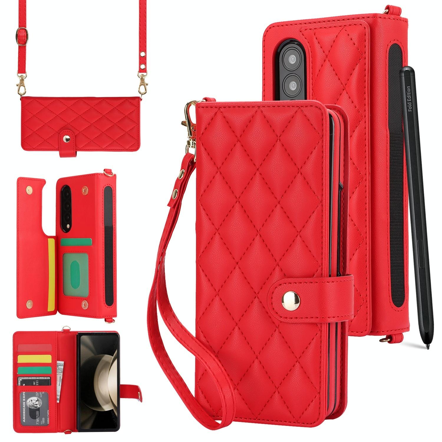 V562-C205225600ADE-202504292048-00 For Samsung Galaxy z Fold4 5G Multifunctional Rhombic Leather Crossbody Phone Case - Red - Image 1