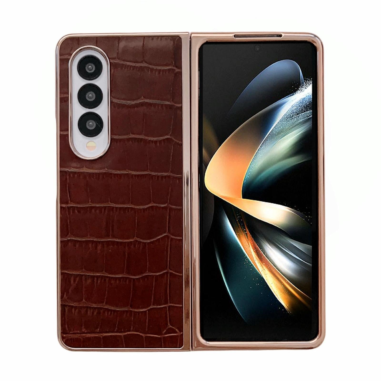 V562-C904538300ADE-202505221848-00 For Samsung Galaxy Z Fold4 5G Crocodile Leather Phone Case - Electroplated - Brown - Image 1