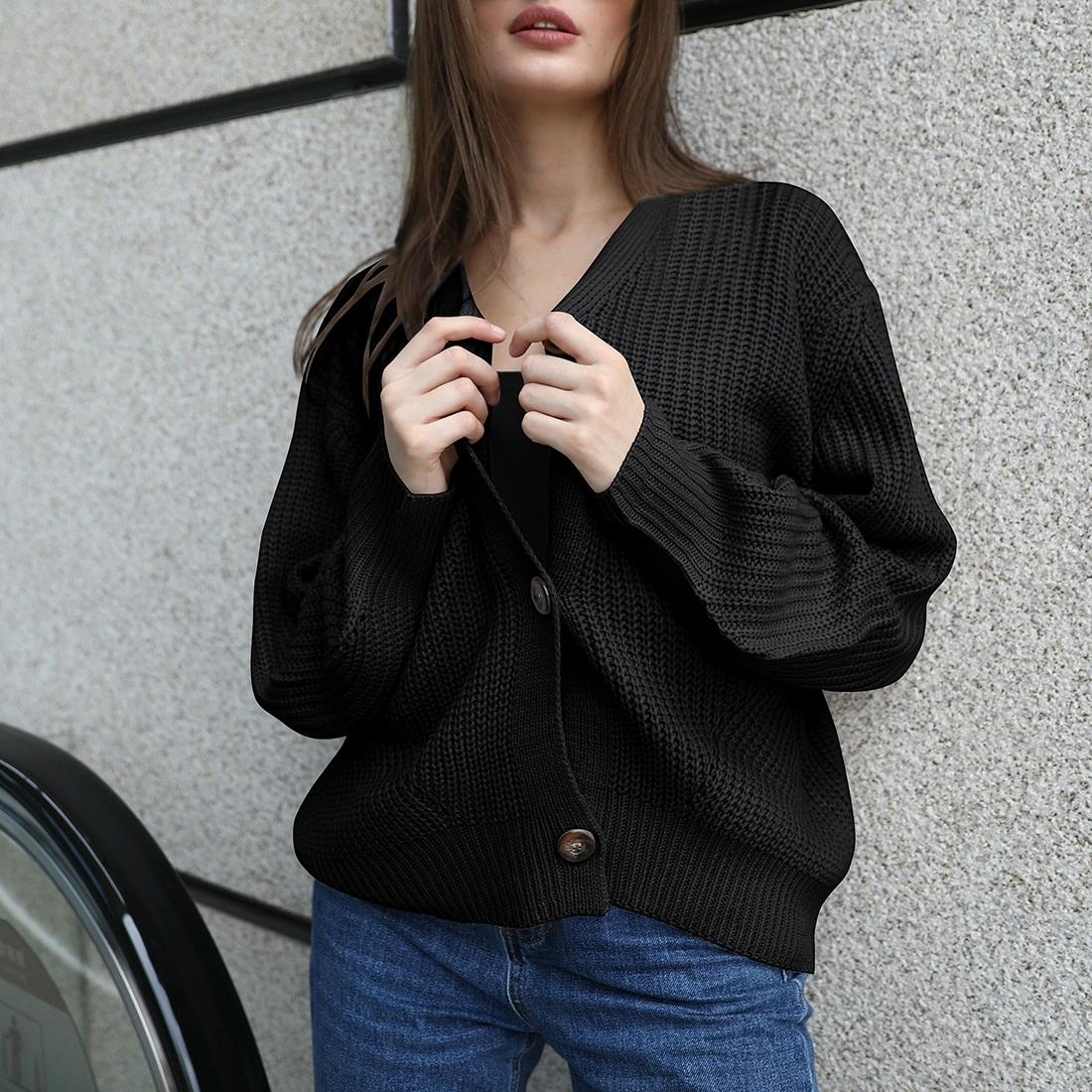 V562-CA71221722YZ-202505261948-00 Fashion Cardigan Solid Colour Knit Button Sweater Black - Black L - Image 1