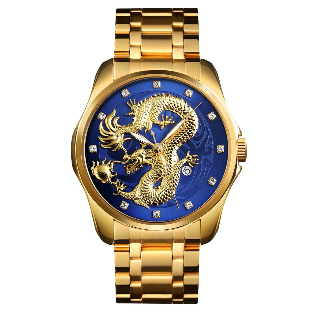 V562-D101139100ADE-202504171917-00 Men Golden Dragon Calendar Dial Quartz Watch with Luminous Hands - Gold Blue - Image 1