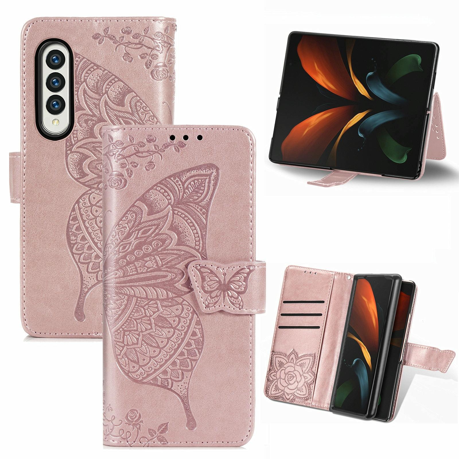 V562-D104859100AYS-202503211510-00 For Samsung Galaxy Z Fold4 5G Embossed Butterfly Love Leather Case - Flower Design - Rose Gold - Image 1