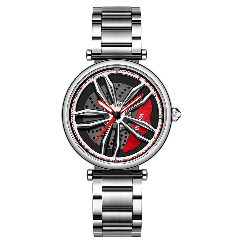 V562-D108432200ADE-202504171153-00 Women Steel Belt Quartz Watch with 3d Hollow out Wheel Design - Silver Red - Image 1