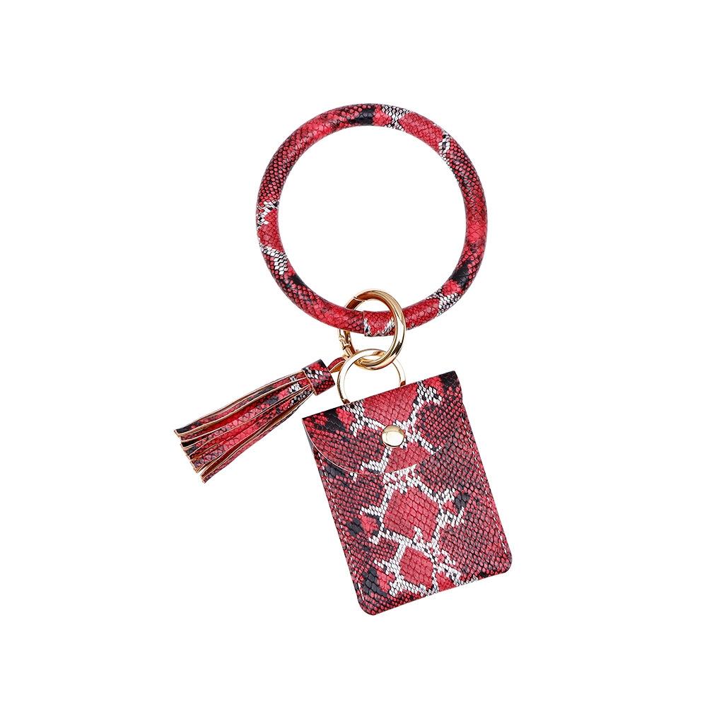 V562-D1094643450DBT-202503281931-00 Snake Print Wrist Keychain Coin Purse Black Pu Leather Bracelet Card Case - Red - Image 1