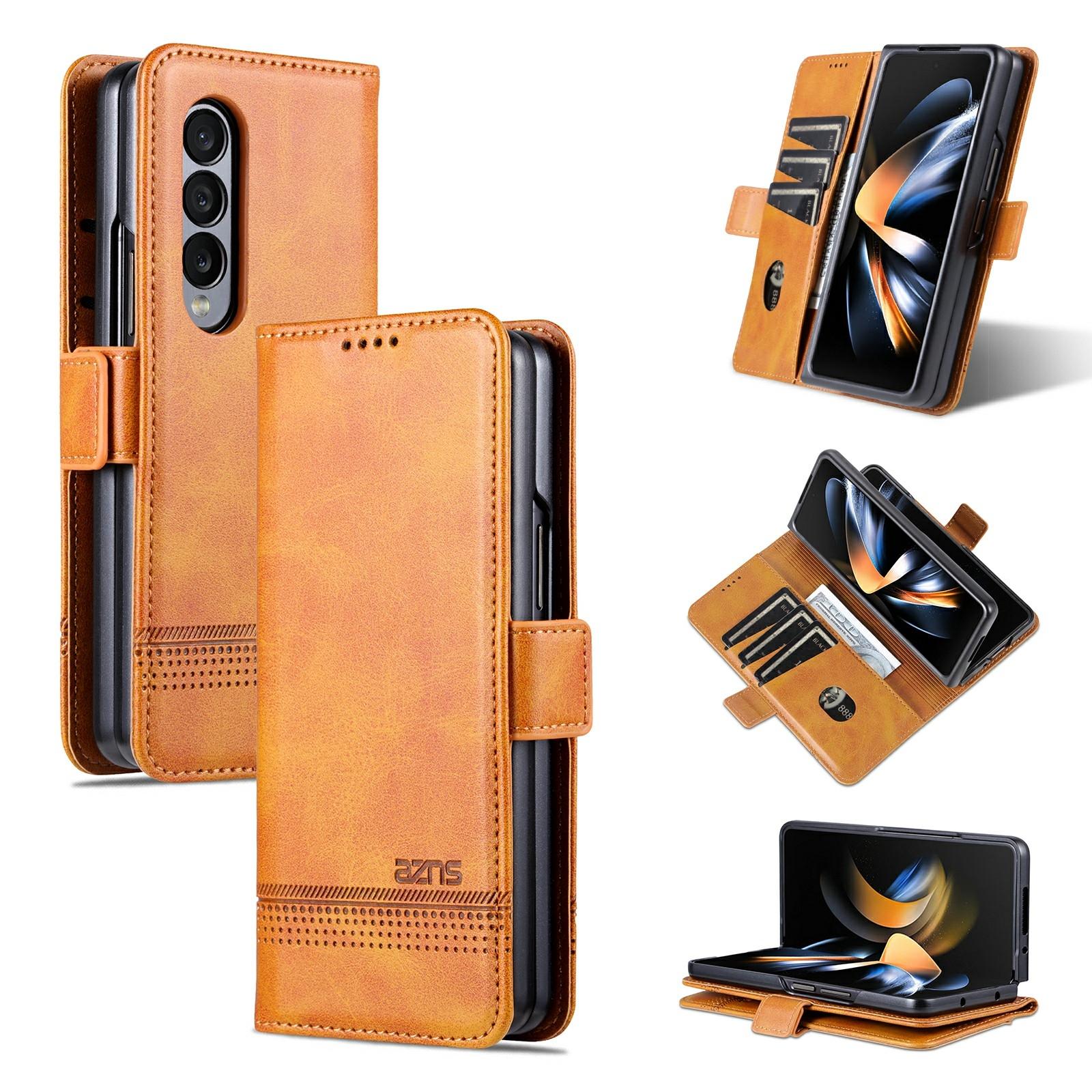 V562-D203738300ADE-202505221907-00 For Samsung Galaxy Z Fold4 5G Leather Magnetic Phone Case - Calf Texture - Light Brown - Image 1