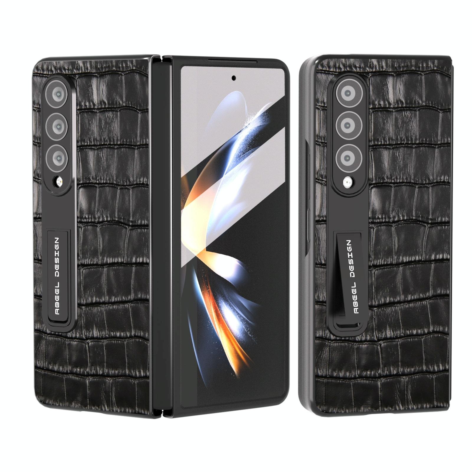 V562-D207807400ADE-202505221846-00 For Samsung Galaxy Z Fold4 5G Premium Leather Phone Case - Crocodile Texture - Black - Image 1