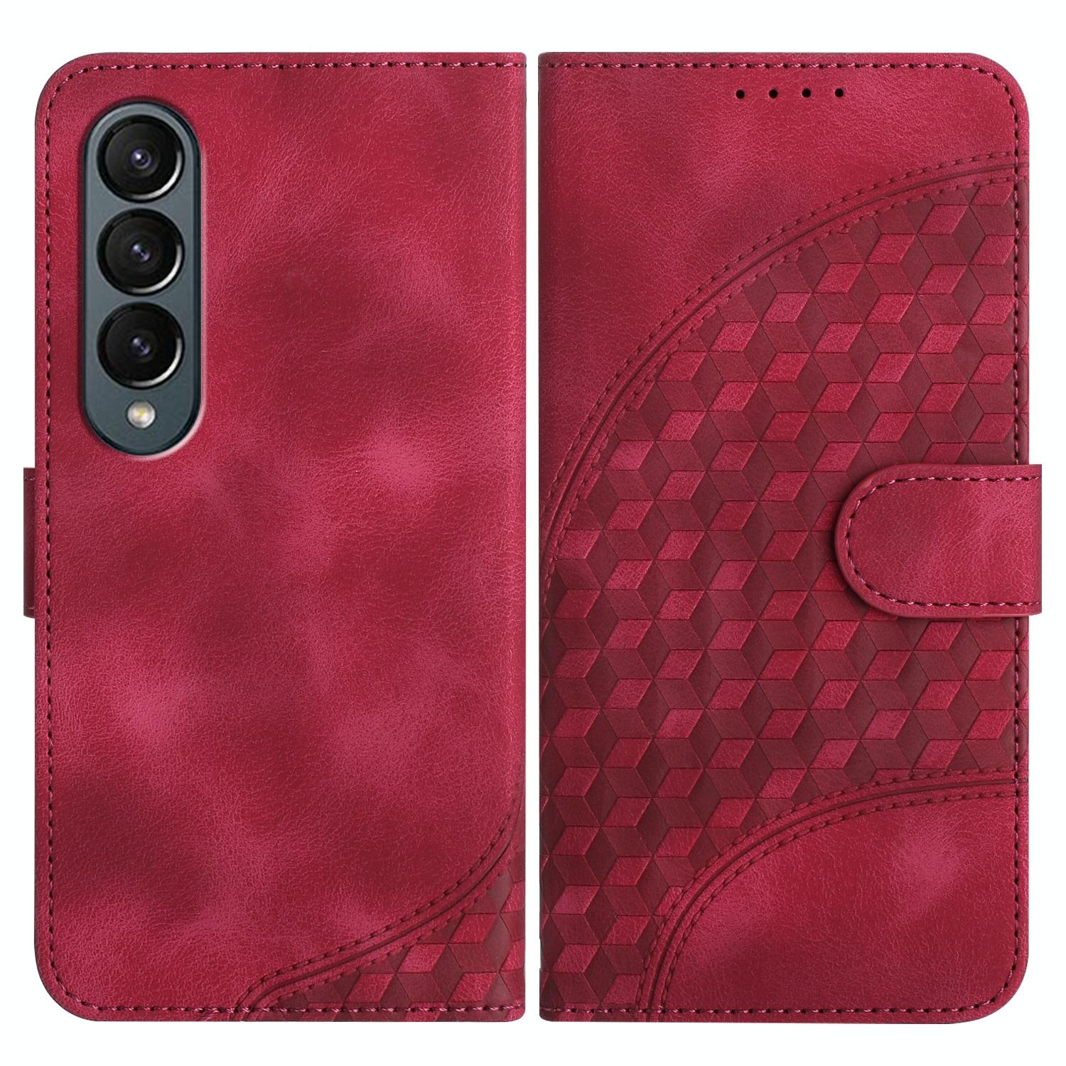 V562-D309360600ADE-202503211405-00 For Samsung Galaxy Z Fold4 5G Embossed Elephant Head Phone Case With Lanyard - Rose Red - Image 1