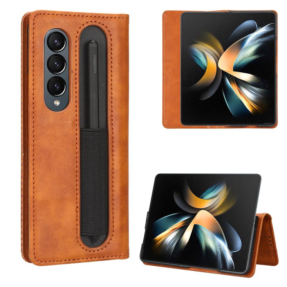 V562-D620206300ADE-202503211435-00 For Samsung Galaxy Z Fold4 5G Vintage Leather Phone Case With Magnetic Buckle - Brown - Image 1