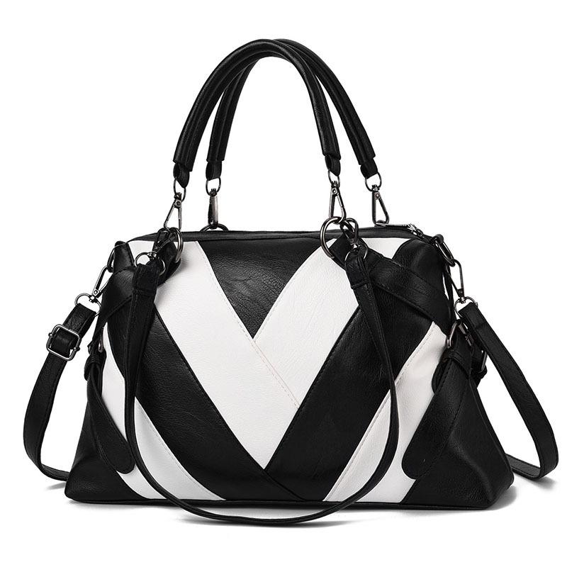 V562-E1065232060DBT-202503041345-00 Soft Leather Geometric Handbag - Colourblock - Black White - Image 1