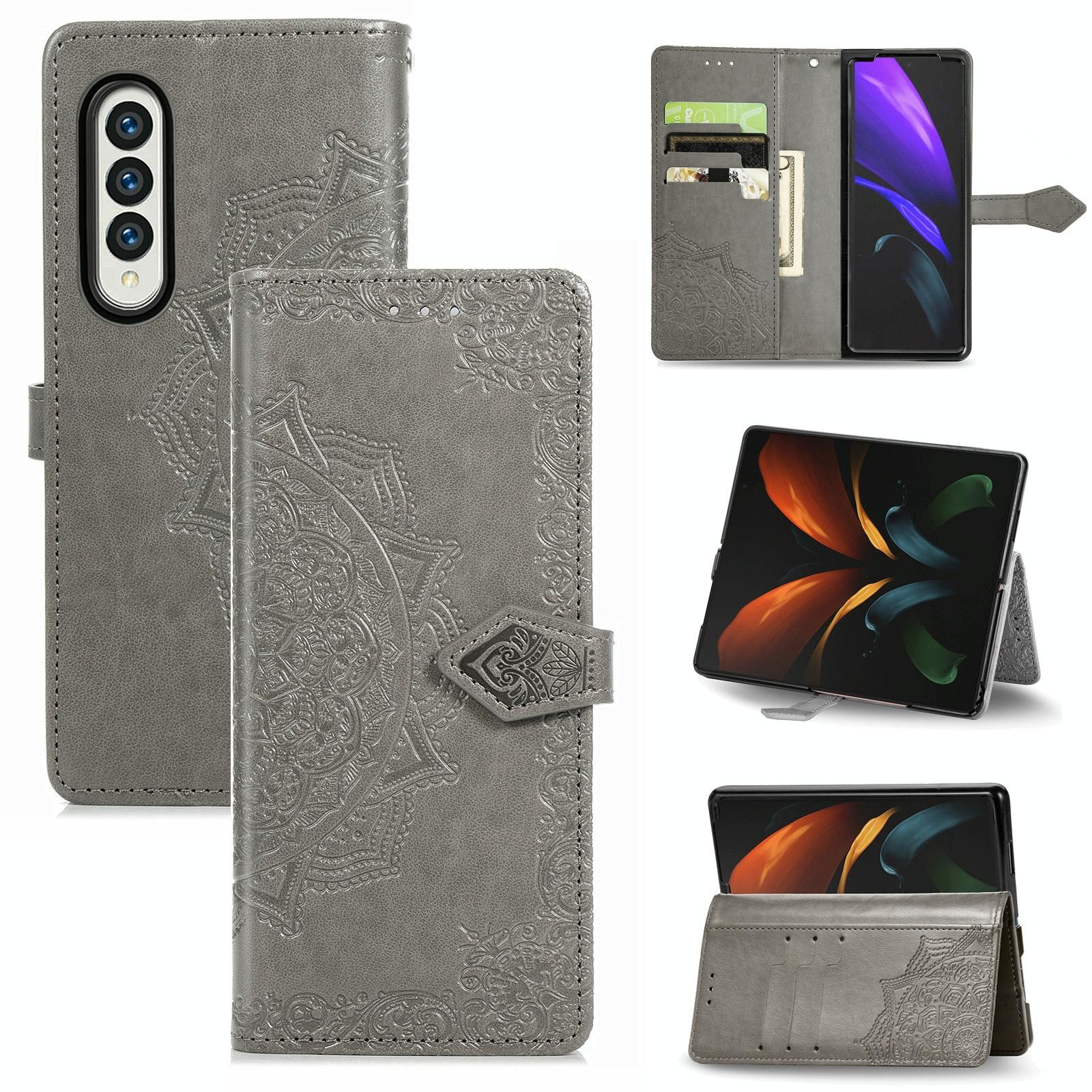V562-E106859100AYS-202503211406-00 For Samsung Galaxy Z Fold4 5G Embossed Mandala Leather Phone Case - Gray - Image 1