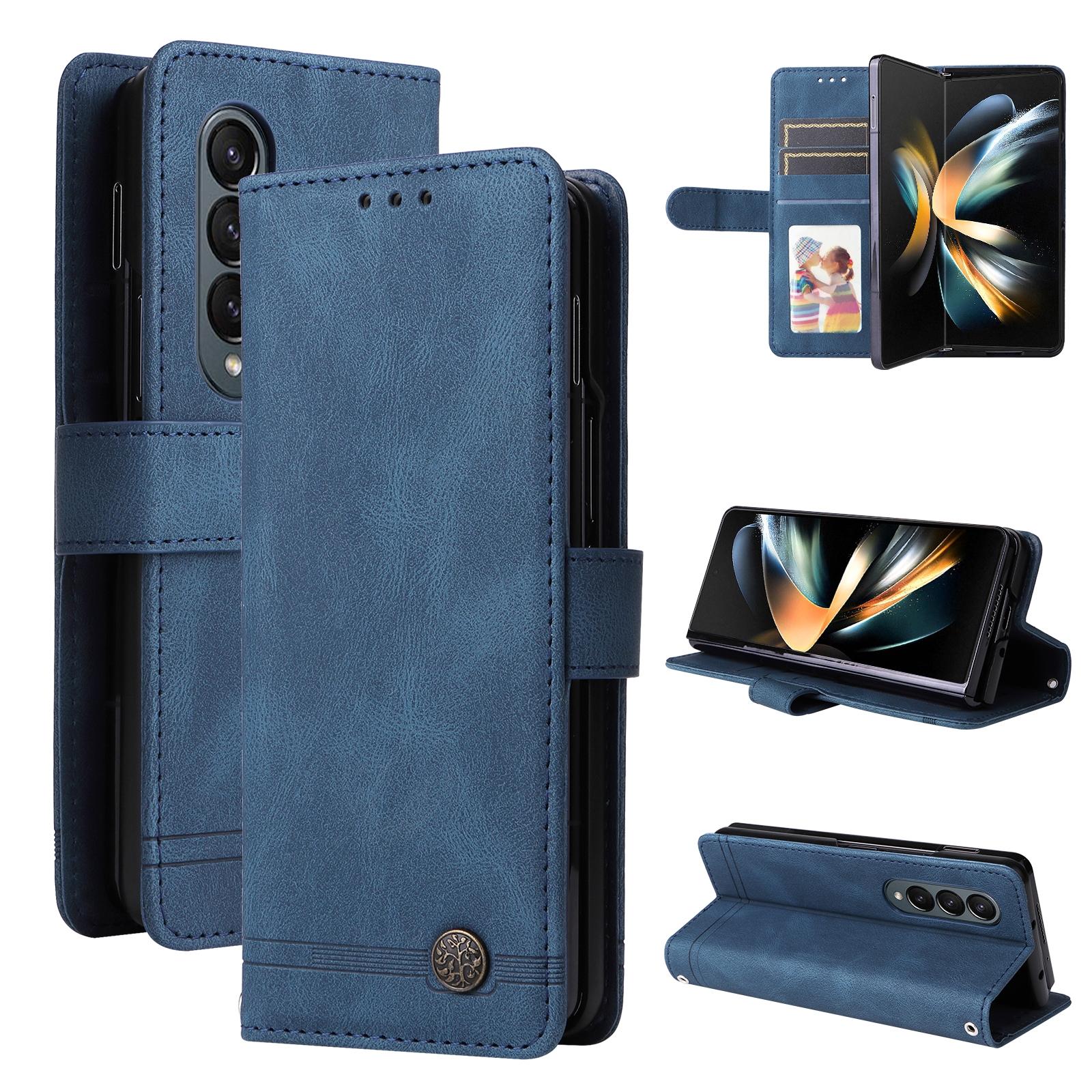 V562-E201373400ADE-202503211346-00 For Samsung Galaxy Z Fold4 5G Metal Button Leather Case - Tree Design - Blue - Image 1