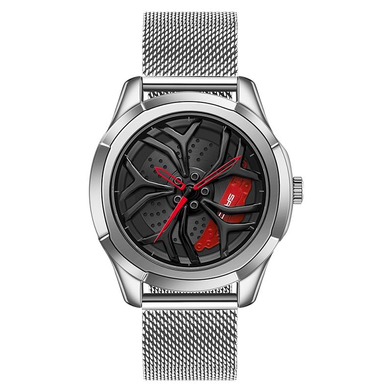 V562-E301432200ADE-202505211930-00 Men Mesh Belt Quartz Watch with 3d Hollow out Wheel - Silver Red - Image 1