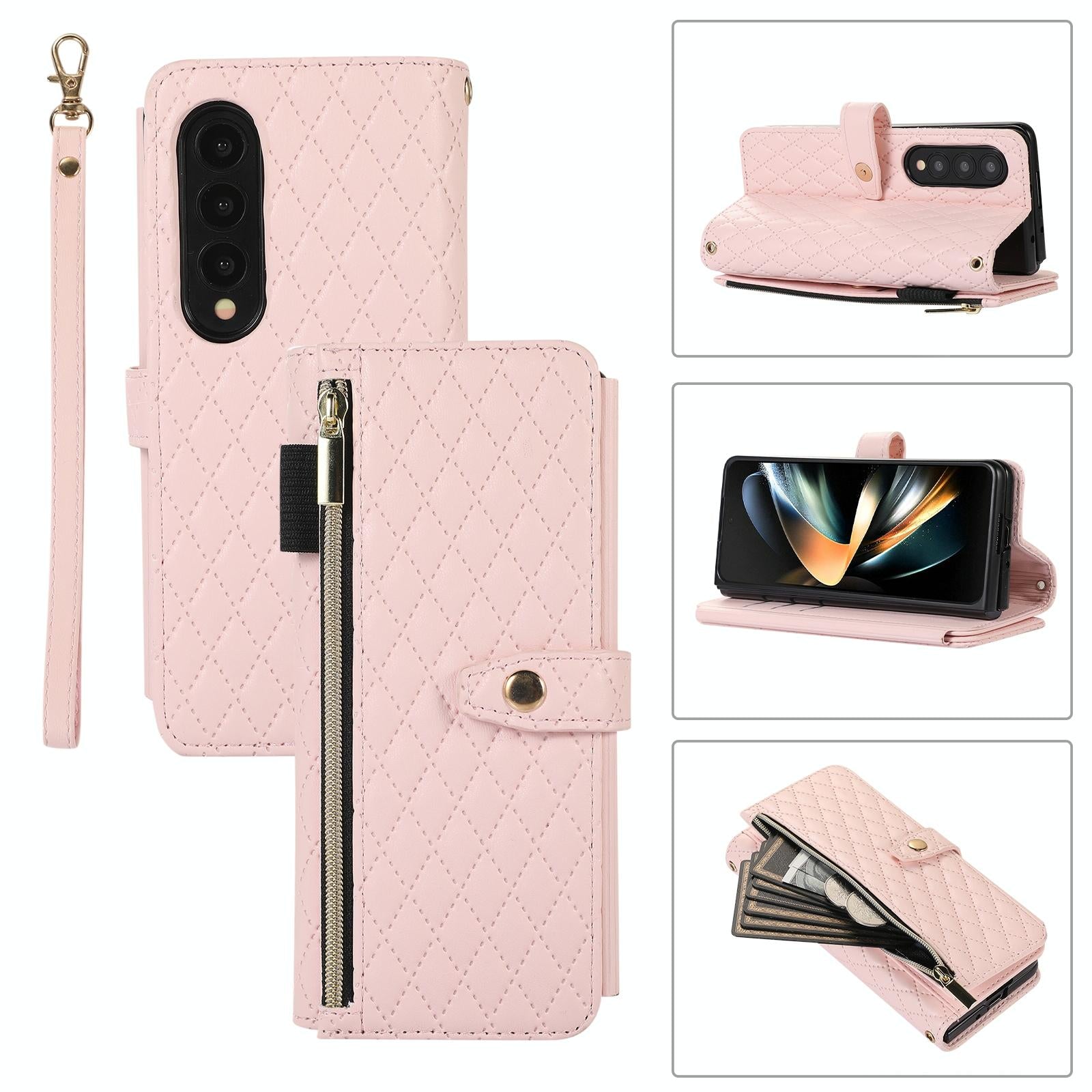 V562-E307541500ADE-202503211405-00 For Samsung Galaxy Z Fold4 5G Foldable Diamond Lattice Phone Case - Pink - Image 1