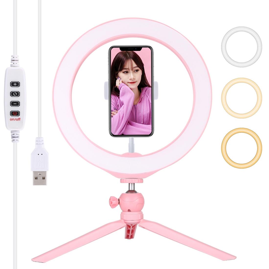 V562-F1703TKP-202502241245-00 10.2 Selfie Beauty Light with Tripod Mount and Usb 3 Modes Dimmable Led Ring for Vlogging and Photography Cold Shoe Ball Head and Phone Clamp - Pink - Image 1