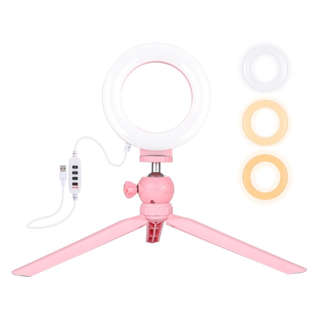 V562-F1903TKP-202503062050-00 12cm Led Ring Light with Usb 3 Modes Dimmable Cold Shoe Tripod Ball Head - Pink - Image 1