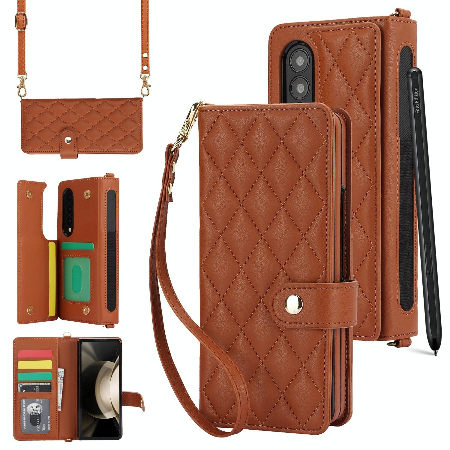 V562-F205225600ADE-202504292048-00 For Samsung Galaxy z Fold4 5G Multifunctional Rhombic Leather Crossbody Phone Case - Brown - Image 1