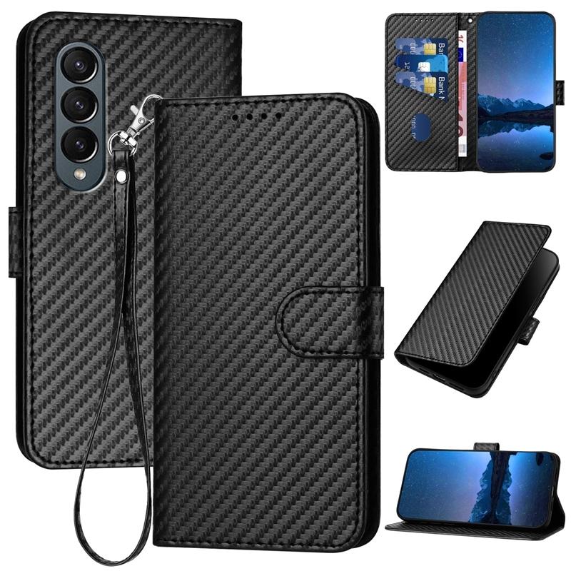 V562-F209615600ADE-202505221911-00 For Samsung Galaxy Z Fold4 5G Carbon Fiber Leather Phone Case With Lanyard - Black - Image 1