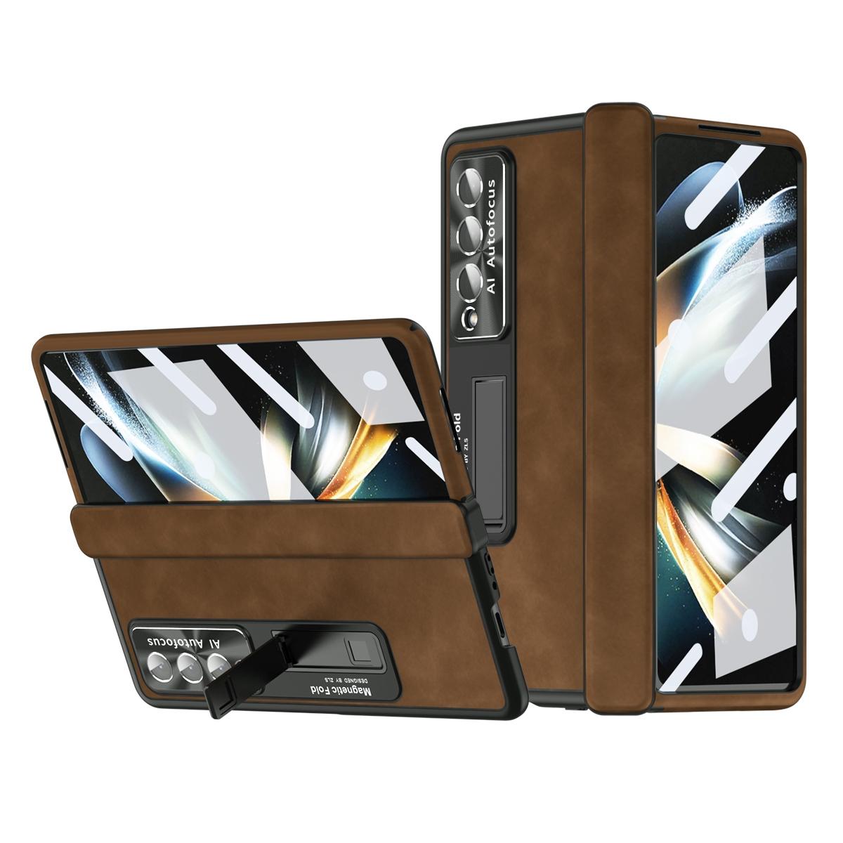 V562-H105351400ADE-202503211515-00 For Samsung Galaxy Z Fold4 5G Magnetic Phone Case - Napa Pattern - Brown - Image 1