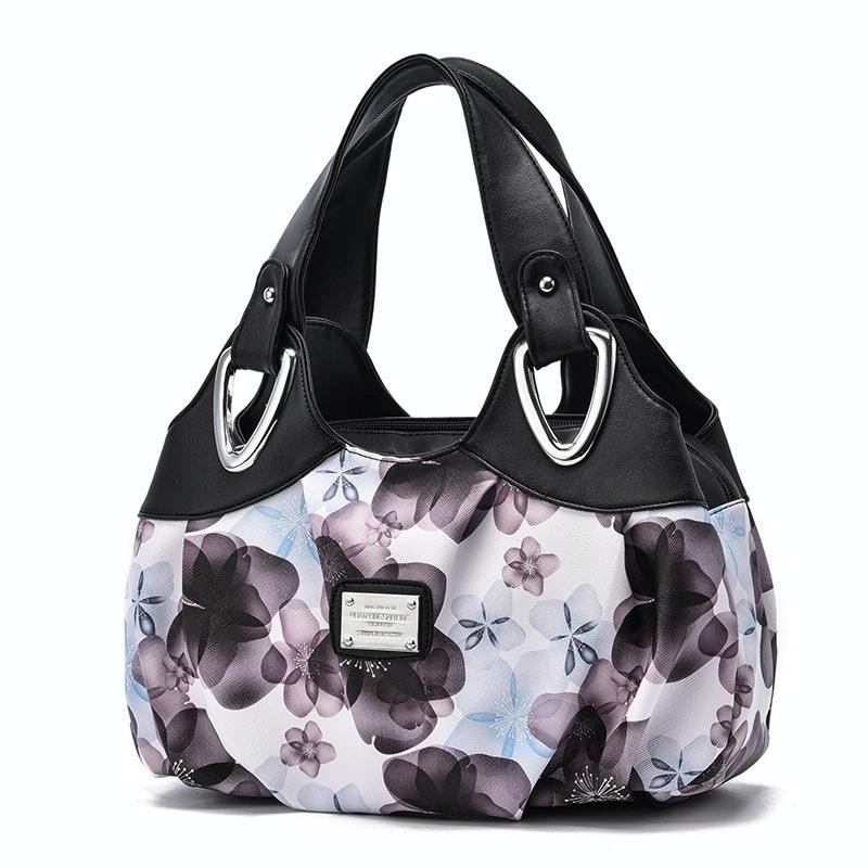 V562-H1094522060DBT-202504251710-00 Soft Leather Women Handbag - Black Handle Purple Flower - Image 1