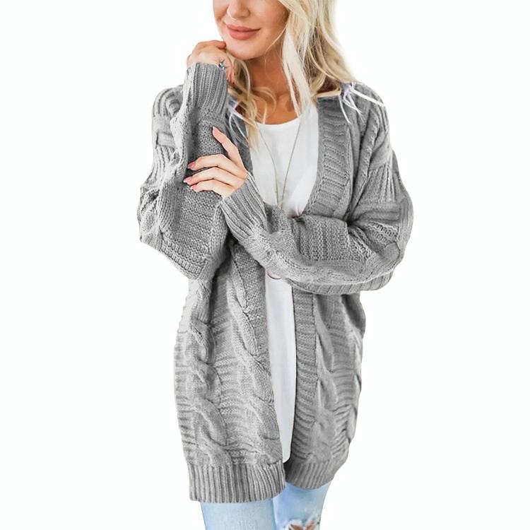 V562-IA95537544YZ-202505262052-00 Mid-Length Style Solid Colour Thick Thread Twist Cardigan Knit Sweater Grey - S - Grey - Image 1