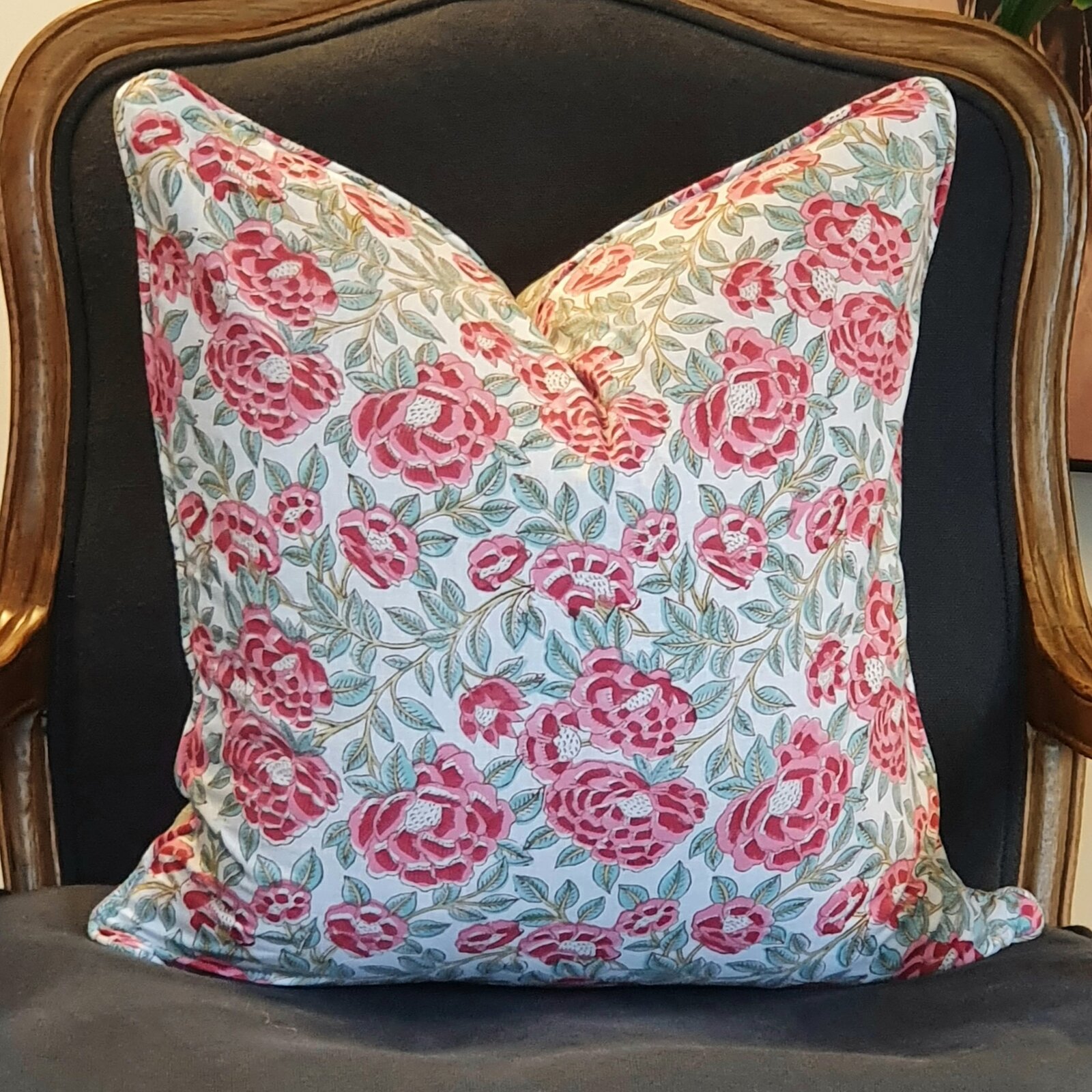 V563-0110-202502270911-00 Kolka Peonies Soft Cotton Voile Decorative Hand Block-Printed Cushion - Ruby - Image 1