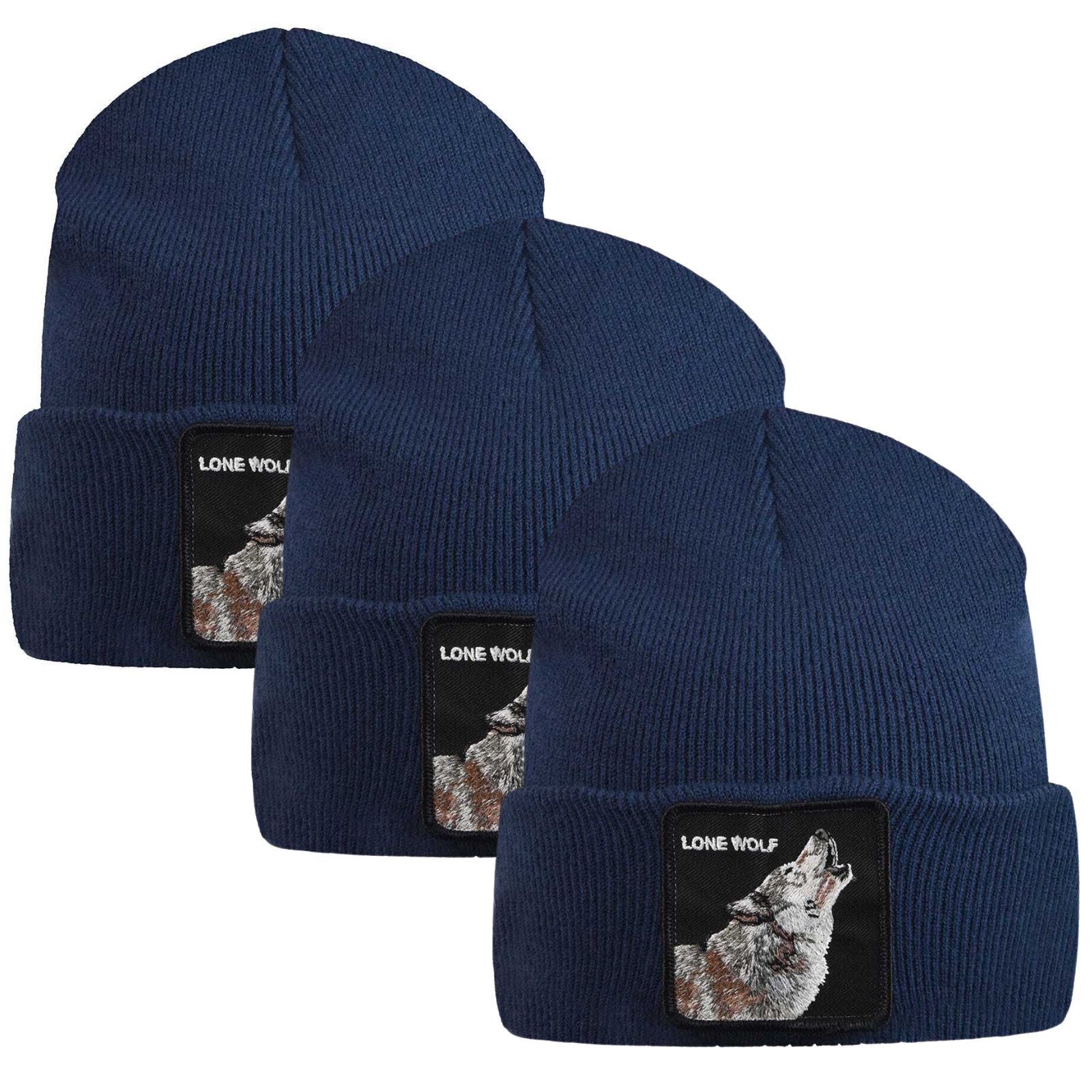 V563-107-0120-NVY-3X-202503310915-00 3x Goorin Wolf Man Beanie Hat Warm Winter Ski Animal Series Lone Wolf - Navy - Image 1