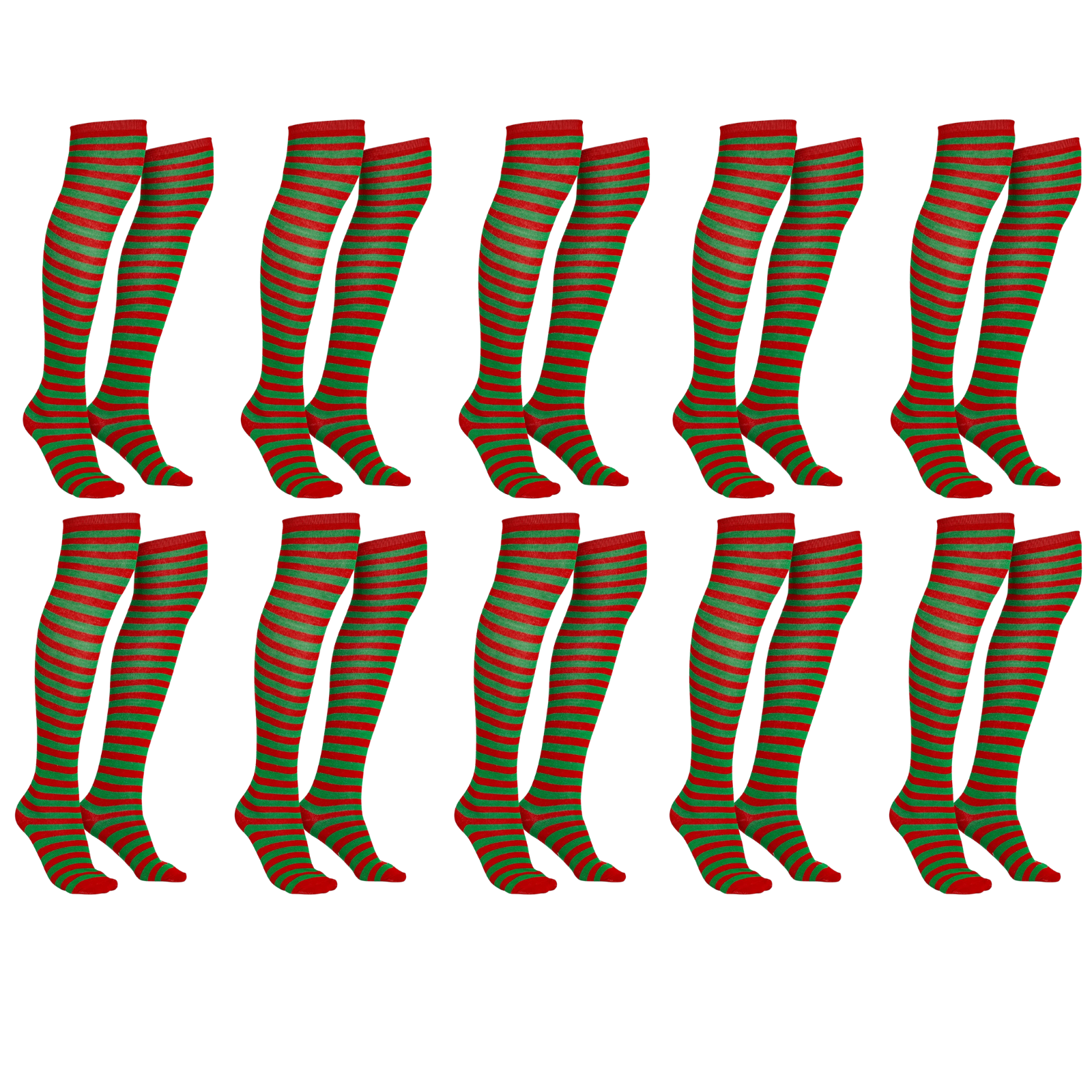 V563-10PCS-CHRISTMAS_SOX-204914-00 10x Christmas Over The Knee Socks Red Green Xmas Candy Cane Striped Elf Bulk - Image 1