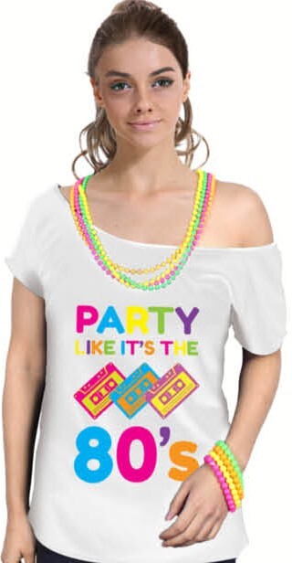 V563-12163-04-185753-00 Party Like It's The 80s Womens T Shirt Costume Ladies 1980s Fancy Dress Up Top - White - Image 1