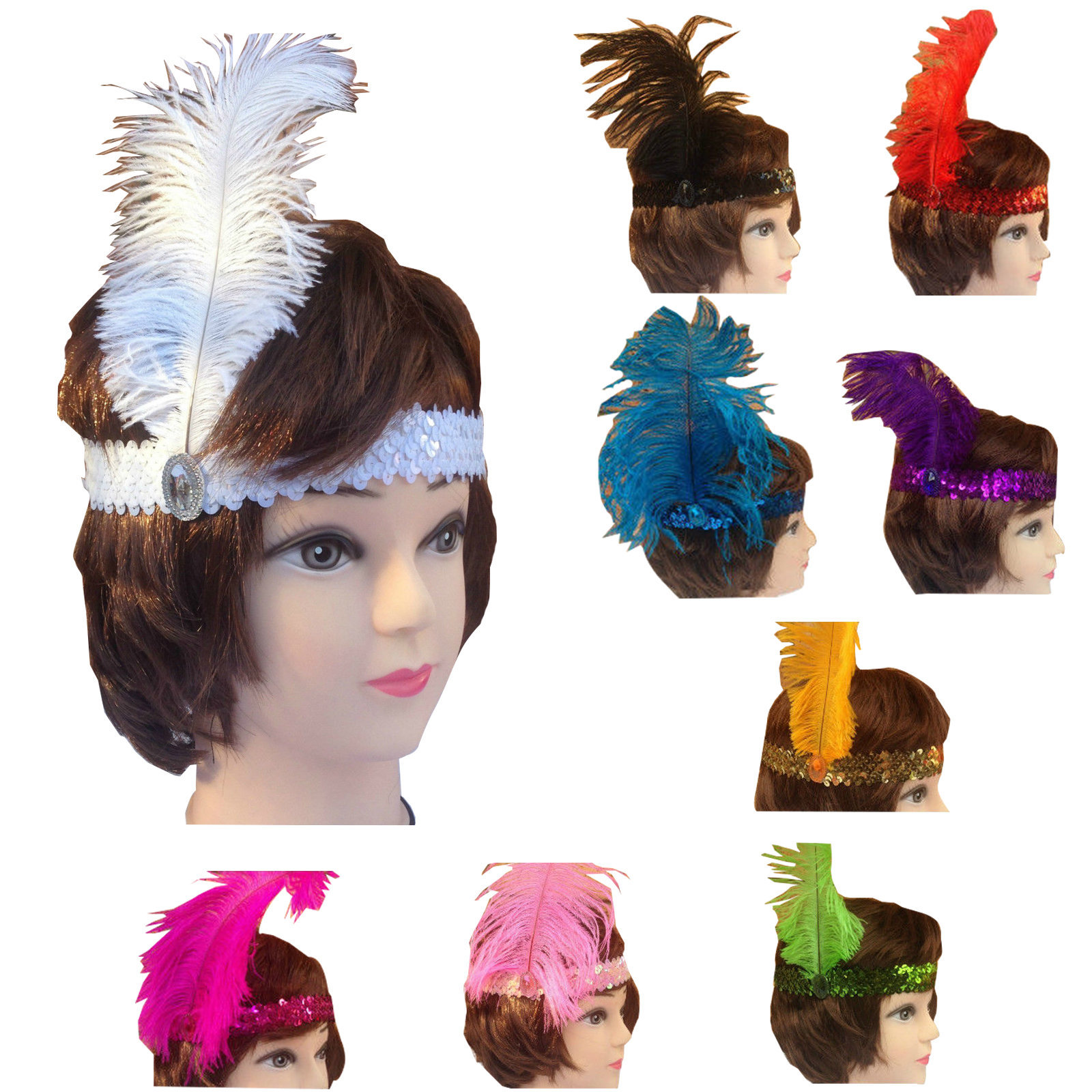 V563-12FLAPPERHDBND-ASSTDCLRP-202503072106-00 12x 1920s FLAPPER HEADBAND Headpiece Feather Sequin Charleston Gatsby Party BULK - Assorted Colours Pack - Image 1