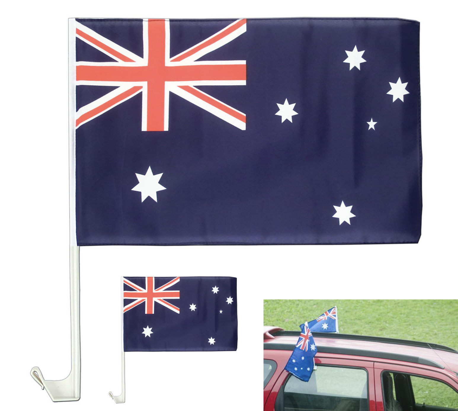 V563-13264-2PK-184445-00 2x AUSTRALIA CAR FLAG with Window Clip Flags Australia Day 30cm x 45cm - Image 1