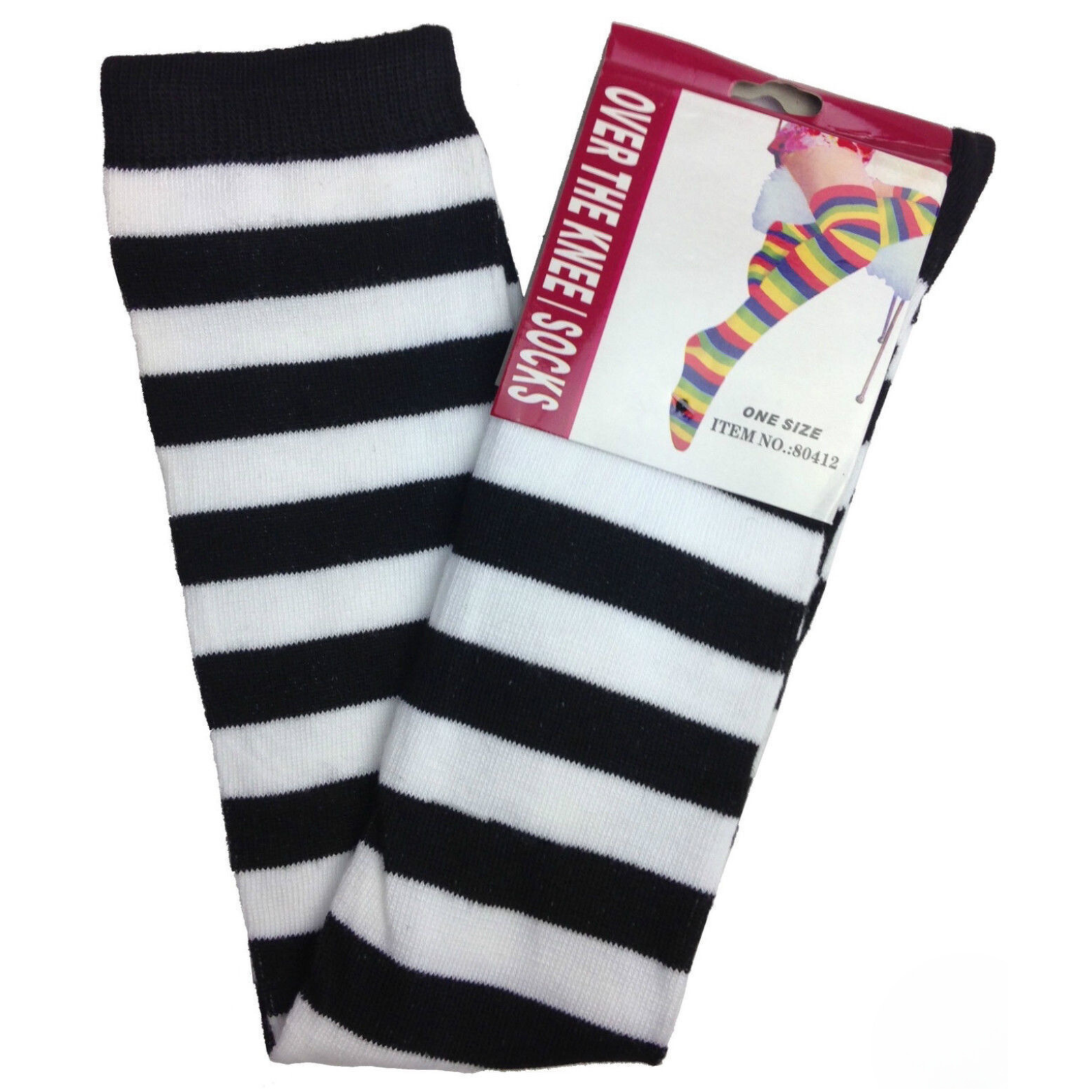 V563-15350-BLACK_WHITE-184347-00 OVER THE KNEE SOCKS Plain Striped High Thigh Ladies Long Womens Stripey Stocking - Black/White - Image 1