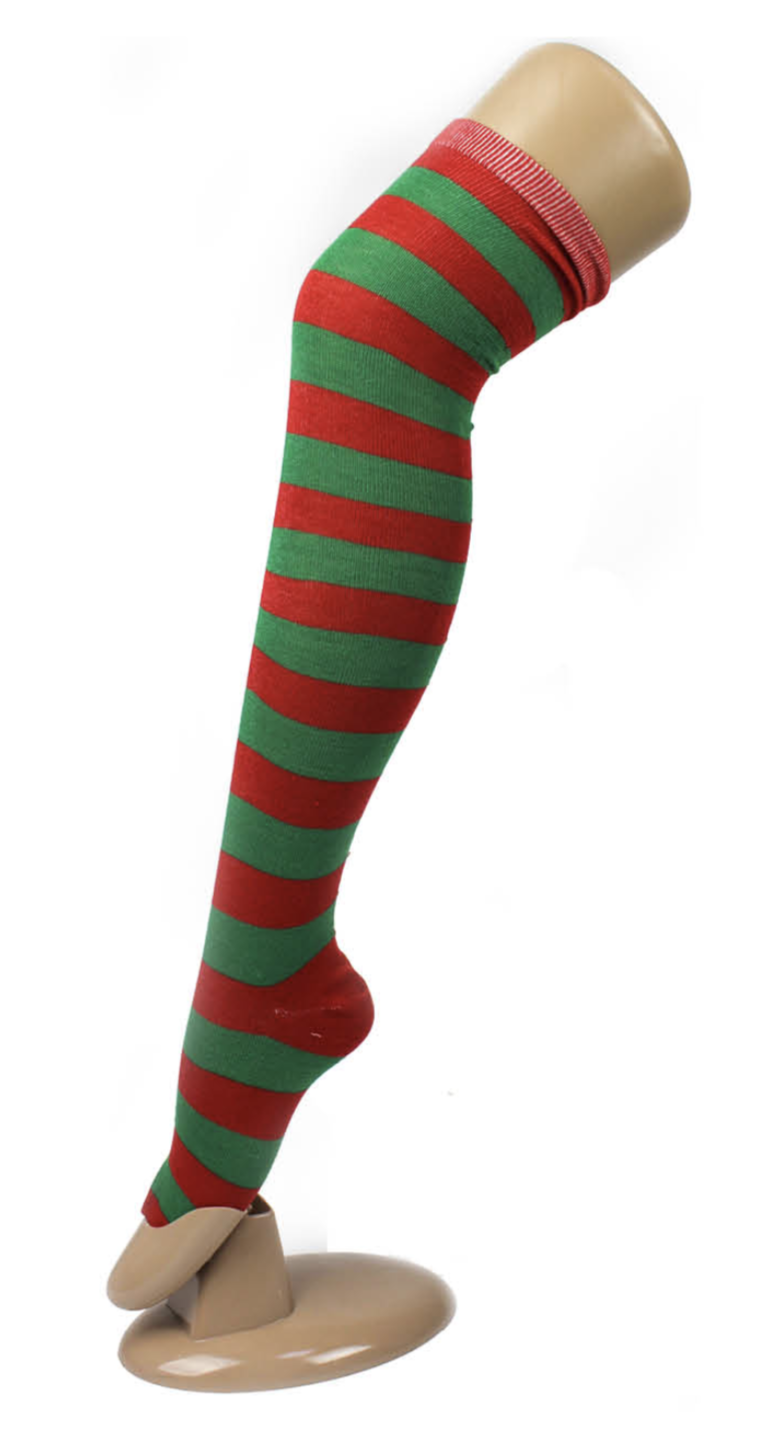 V563-15350-RED_GREEN-184410-00 OVER THE KNEE SOCKS Plain Striped High Thigh Ladies Long Womens Stripey Stocking - Red/Green - Image 1