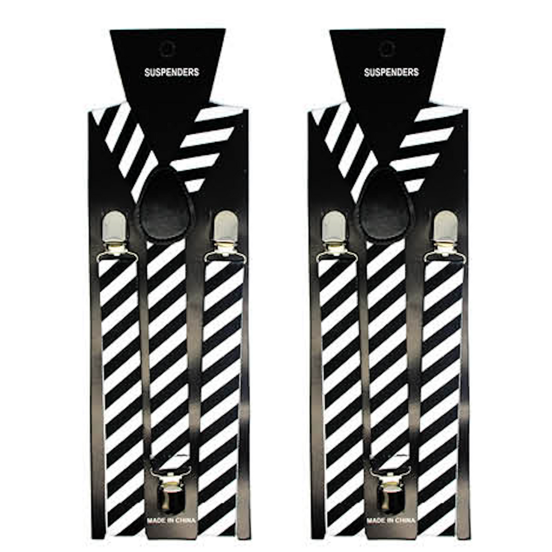 V563-2SLIMSUSPEND-BLKWHTDIASTR-184207-00 2x Mens Suspenders Braces Adjustable Strong Clip On Elastic Formal Wedding Slim - Black/White Diagonal Stripes - Image 1