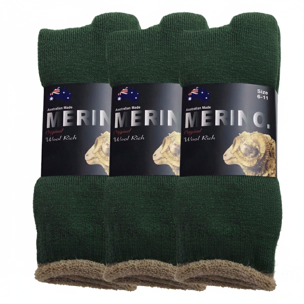 V563-3AUSOCKS-GRN-SIZE6-11-202509011245-00 3 Pairs MERINO WOOL SOCKS Mens Heavy Duty Premium Thick Work Socks Cushion - Green - 6-11 - Image 1
