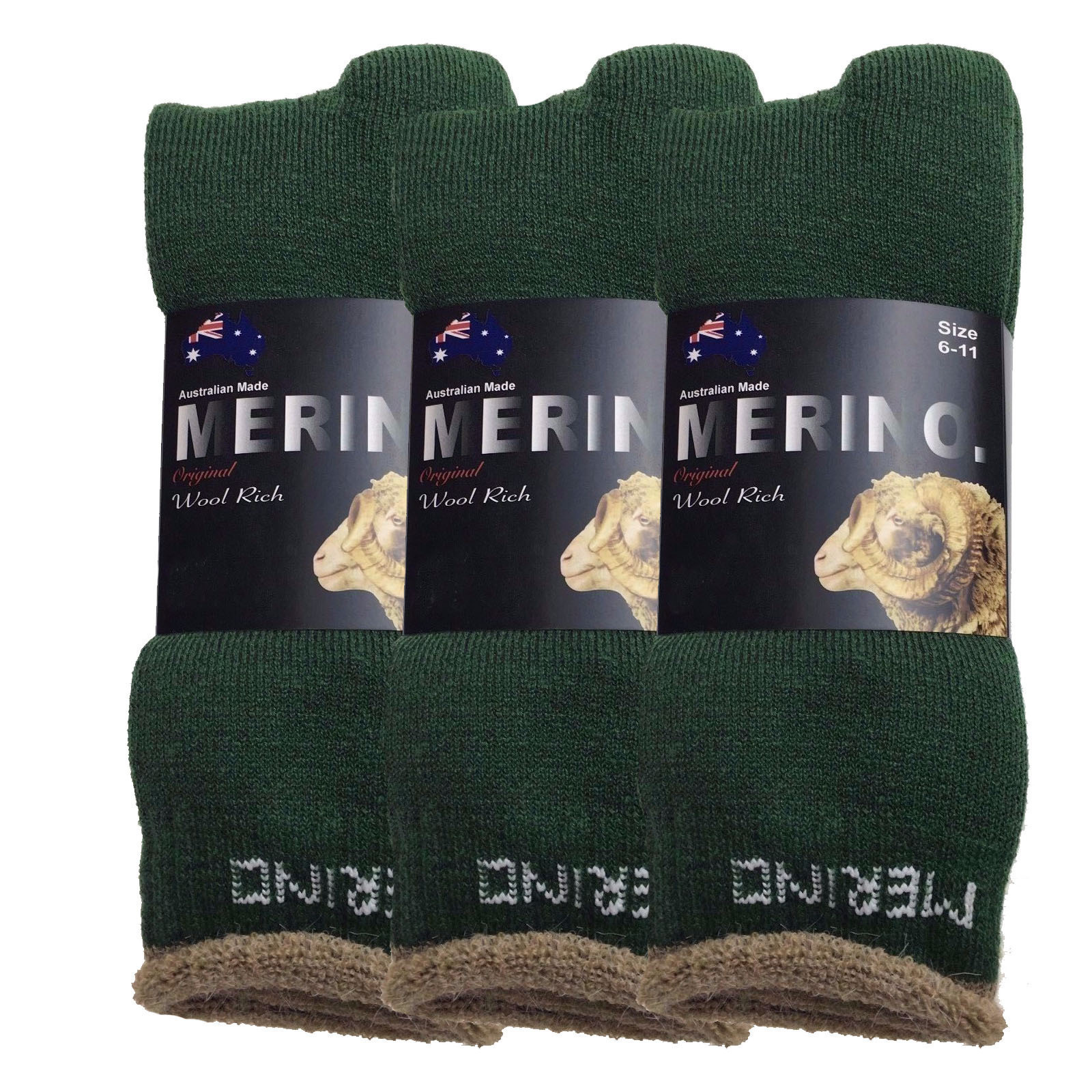 V563-3AUSOCKS-GRN-SZE11-14-202509011245-00 3 Pairs MERINO WOOL SOCKS Mens Heavy Duty Premium Thick Work Socks Cushion - Green - 11-14 - Image 1