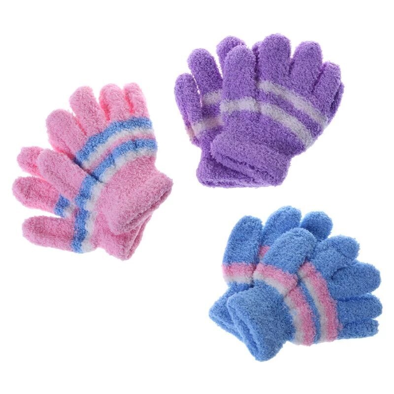 V563-3PR-KIDGLOVS-ASTD-167461-00 3 Pair Baby Gloves Warm Winter Full Finger Thermal Coral Fleece Kids Boys Girls - Image 1