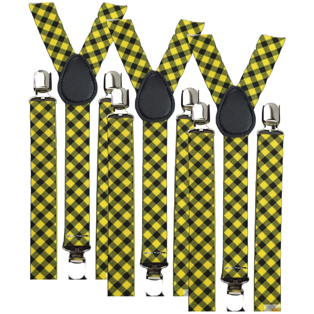 V563-3SLIMSUSPENDERS-BLKYLWCHK-184396-00 3x Mens Slim Suspenders Braces Adjustable Clip On - Black/Yellow Check - Image 1