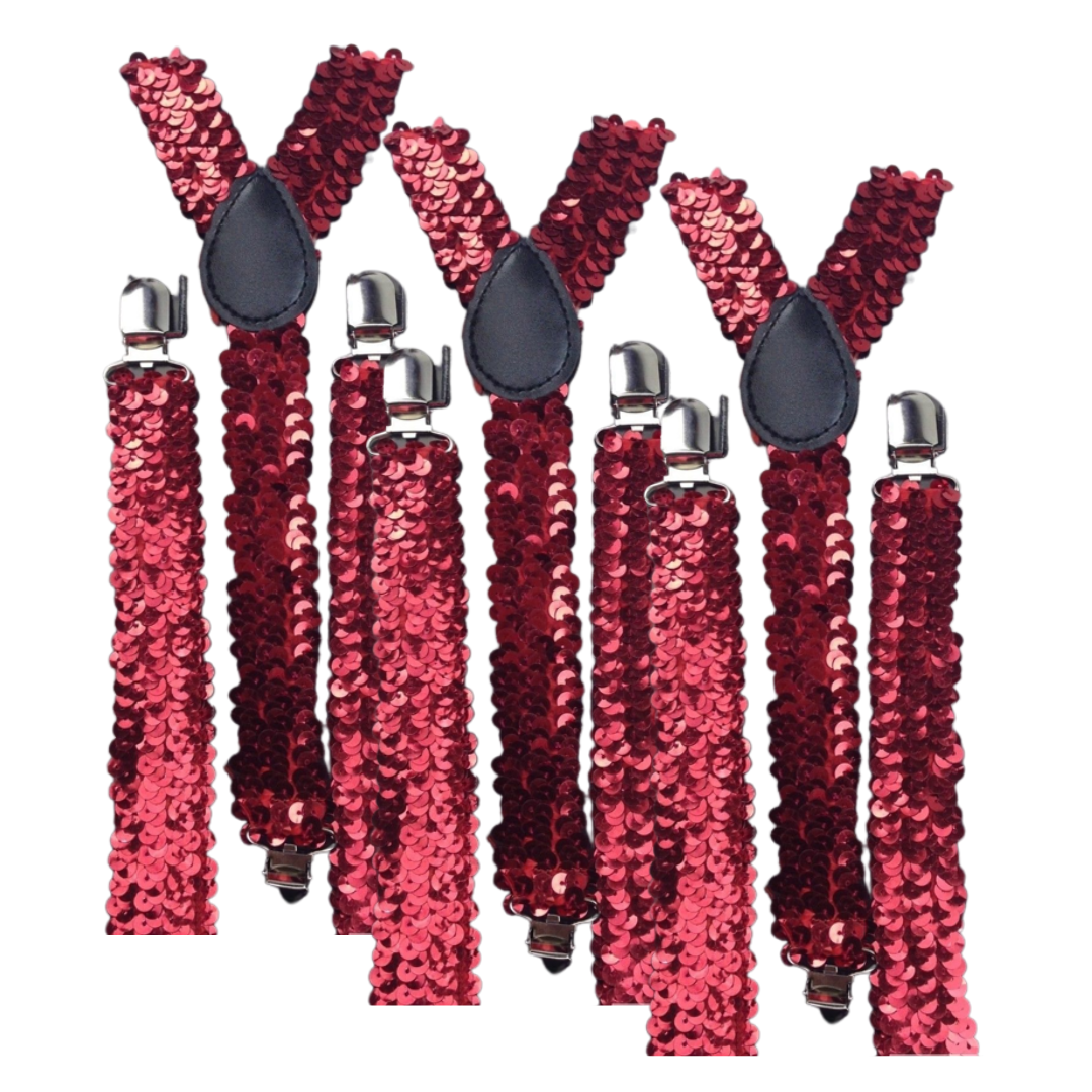 V563-3SLIMSUSPENDERS-REDSEQN-184510-00 3x Mens Suspenders Braces Adjustable Strong Clip On Elastic Formal Wedding Slim - Red (Sequin) - Image 1
