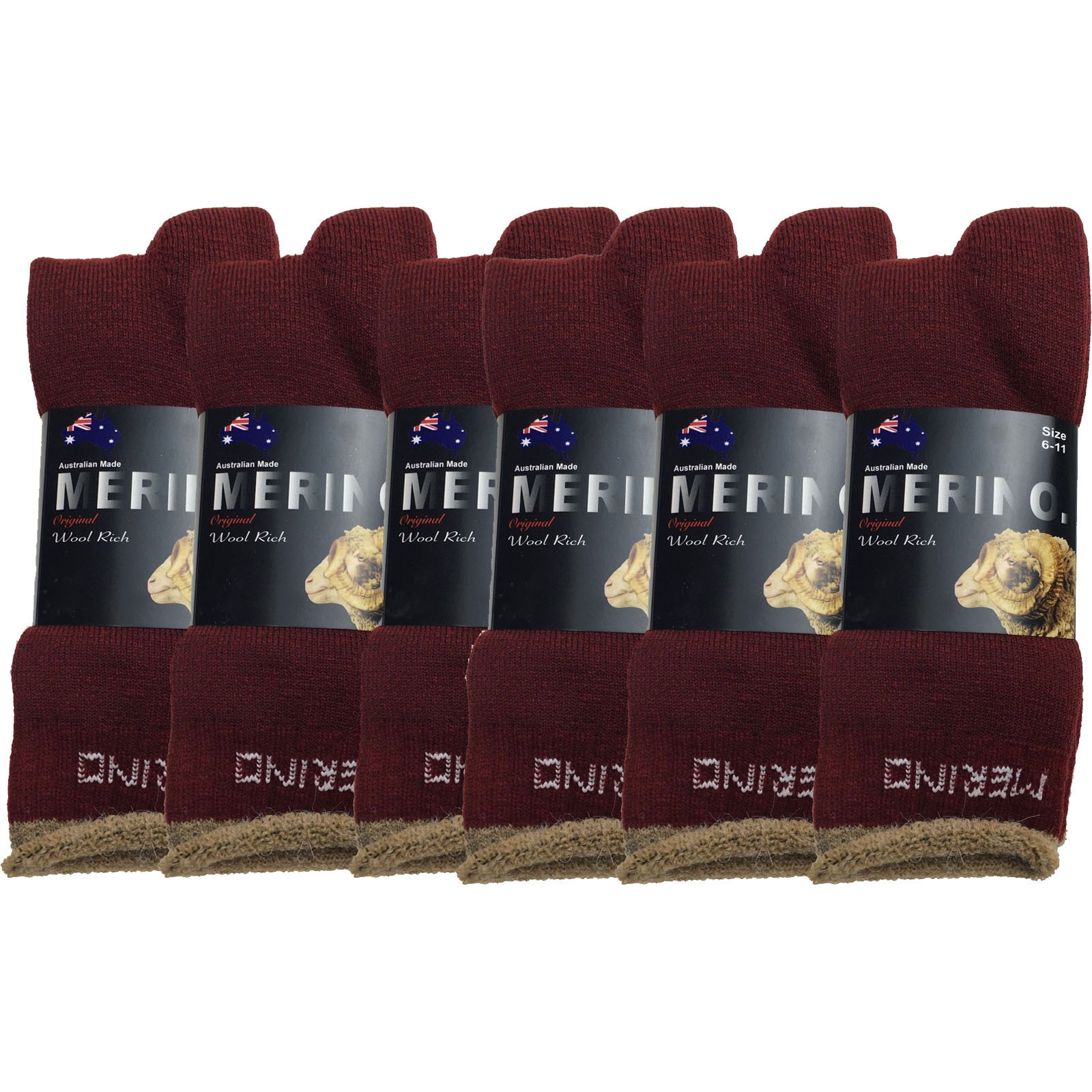 V563-6AUSOCKS-BUR-11-14-202502280910-00 6 Pairs MERINO WOOL SOCKS Mens Heavy Duty Premium Thick Work Socks Cushion BULK - Burgundy - 11-14 - Image 1