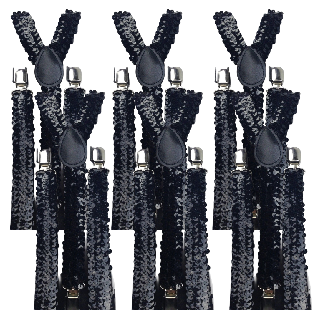 V563-6SLIMSUSPENDERS-BLKSEQN-202503061030-00 6x Mens Suspenders Braces Adjustable Strong Clip On Elastic Formal Wedding BULK - Black (Sequin) - Image 1