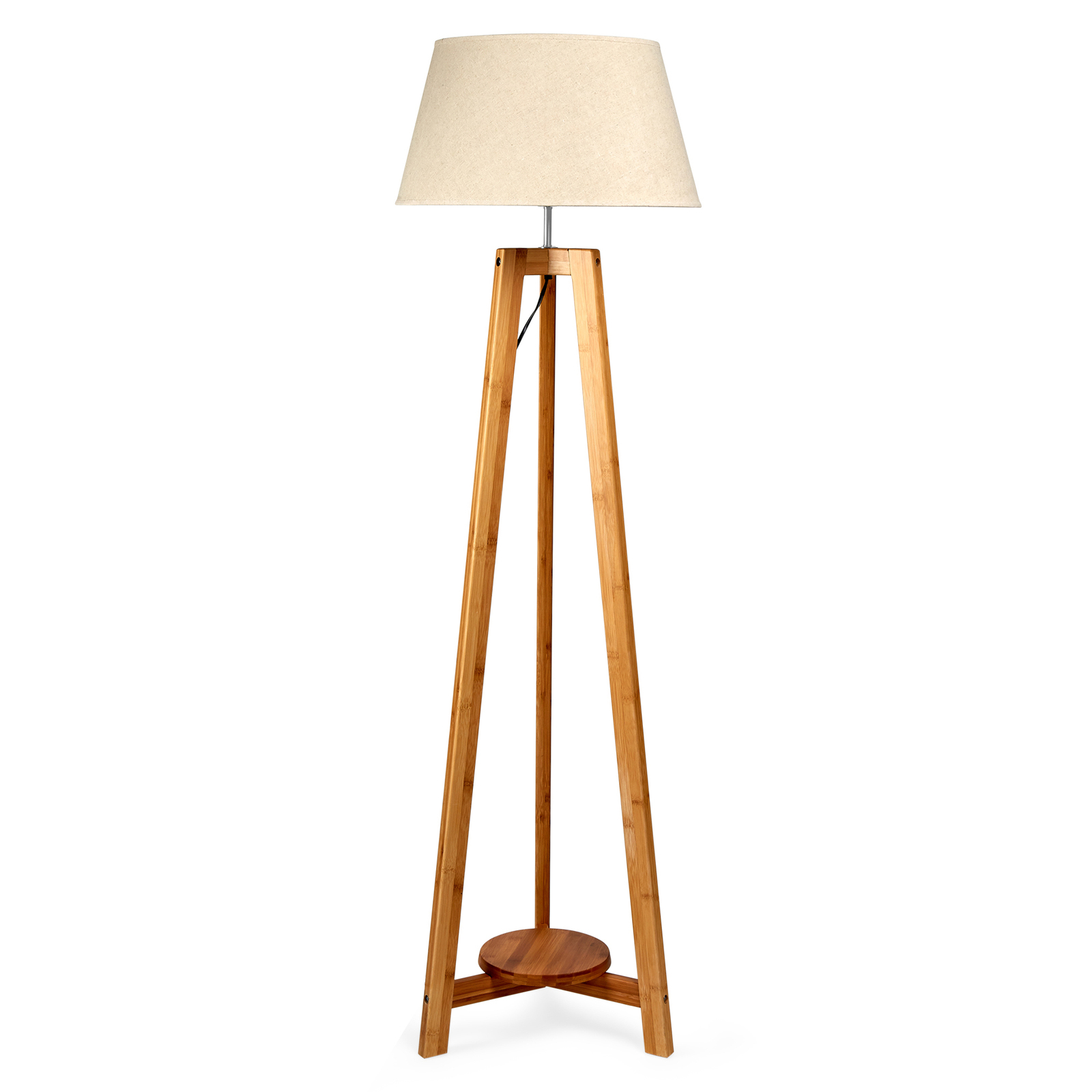 V563-75131-174016-00 155cm Large Bamboo Wooden Tripod Floor Lamp w Beige Linen Light Shade - Image 1