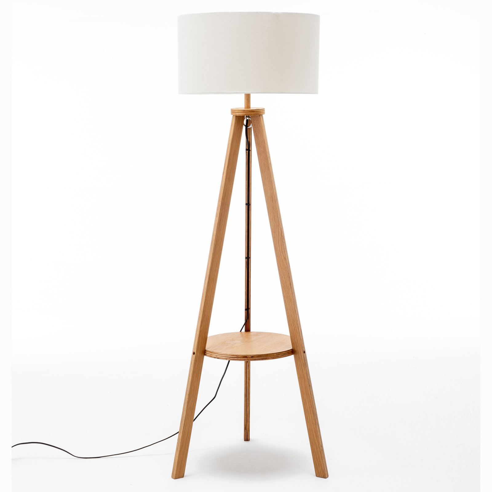 V563-75171-174344-00 Natural Wooden Tripod Floor Lamp w/ Round Wood Shelf + Off White Linen Shade - Image 1