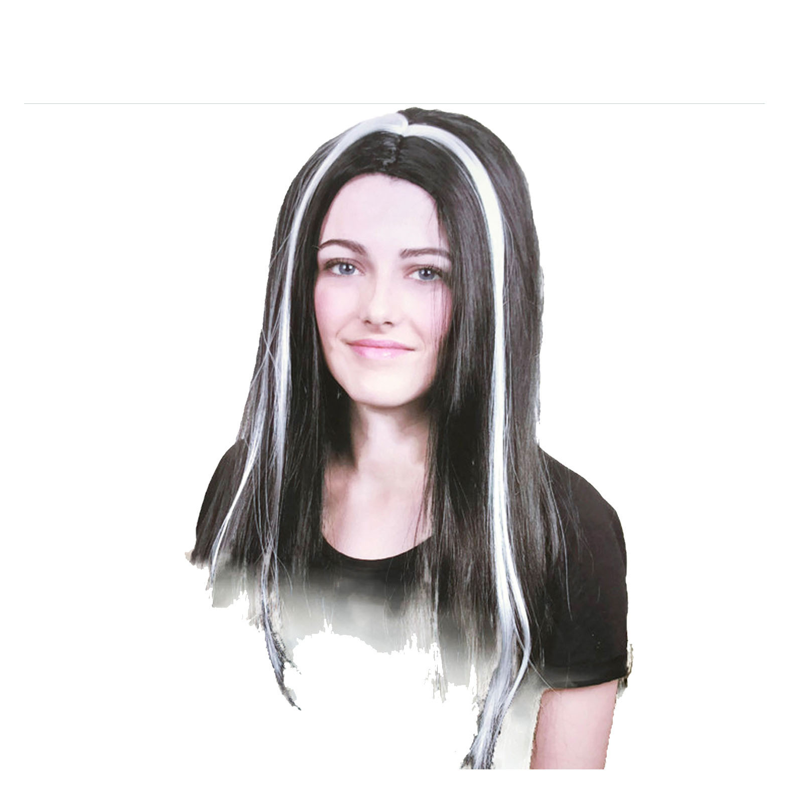 V563-7646-BLK_WHT-202503051705-00 Womens VAMPIRE WIG Long Straight Wig Costume Party Hair Accessory Halloween - Black/White - Image 1