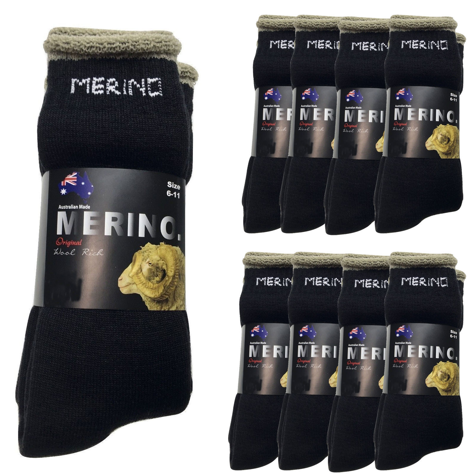 V563-9AUSOCKS-BK-11-14-202502280911-00 9 Pairs MERINO WOOL SOCKS Mens Heavy Duty Premium Thick Work Socks Cushion BULK - Black - 11-14 - Image 1