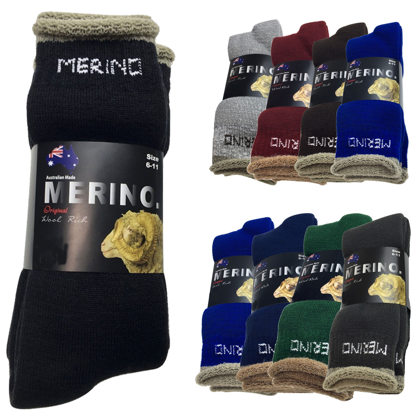 V563-9AUSOCKS-MIX-11-14-202502280915-00 9 Pairs MERINO WOOL SOCKS Mens Heavy Duty Premium Thick Work Socks Cushion BULK - Mystery Mix of 2 Colours - 11-14 - Image 1
