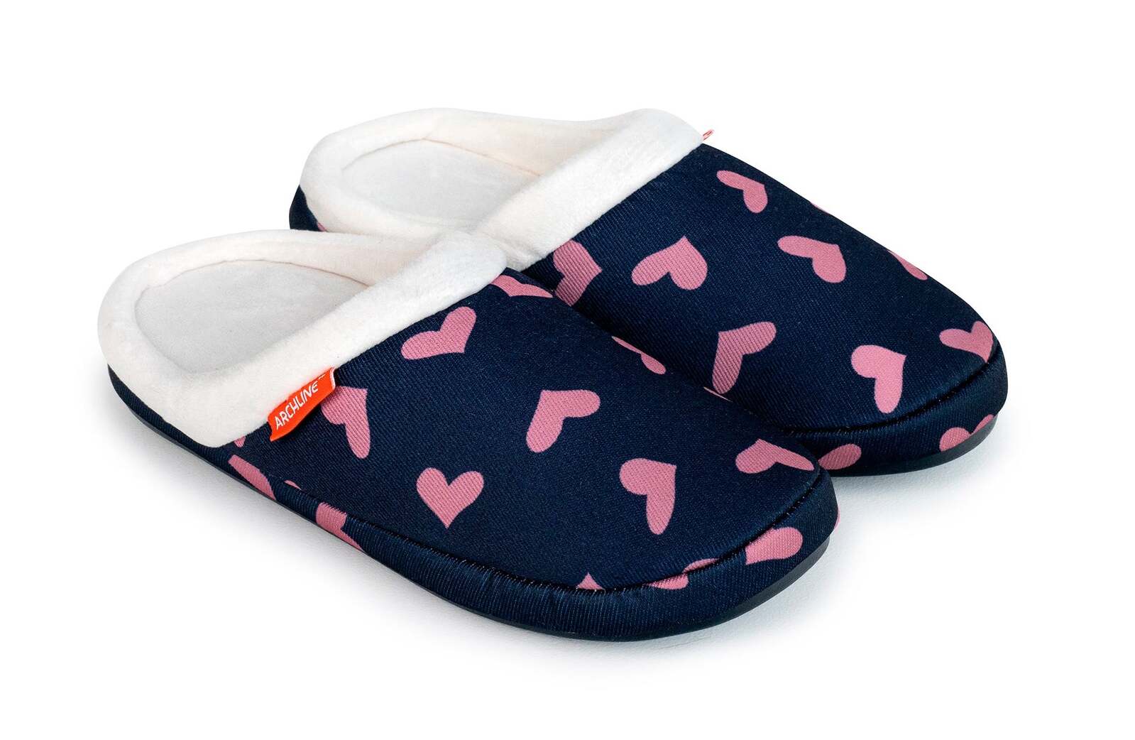 V563-AS302-36-202503051915-00 ARCHLINE Orthotic Slippers Slip On Scuffs Pain Relief Moccasins - Navy with Hearts - EUR 36 (Womens US 5) - Image 1