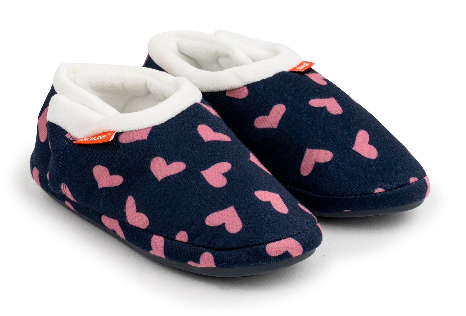 V563-AS401-NVYHRT-39-202503051915-00 ARCHLINE Orthotic Slippers CLOSED Arch Scuffs Moccasins Pain Relief in Navy Hearts - EUR39 - Image 1