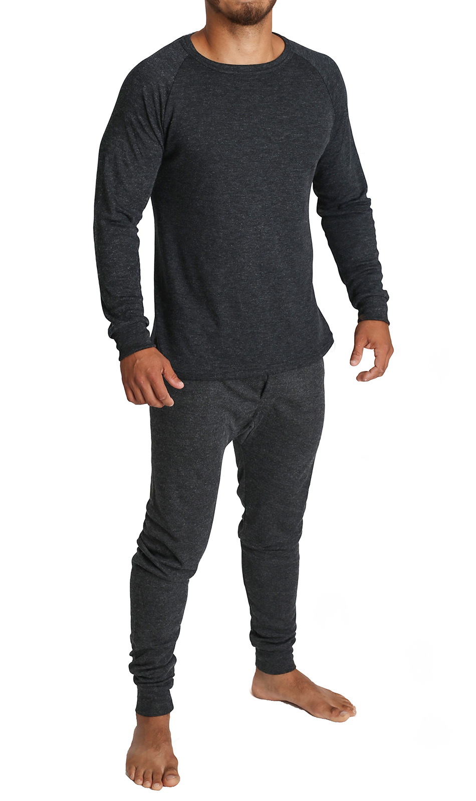 V563-BB-2PCMSET-BK-L-202503051820-00 2pcs Set Mens Merino Wool Blend Long Sleeve Thermal Top & Long Johns Pants Underwear - Black - L - Image 1
