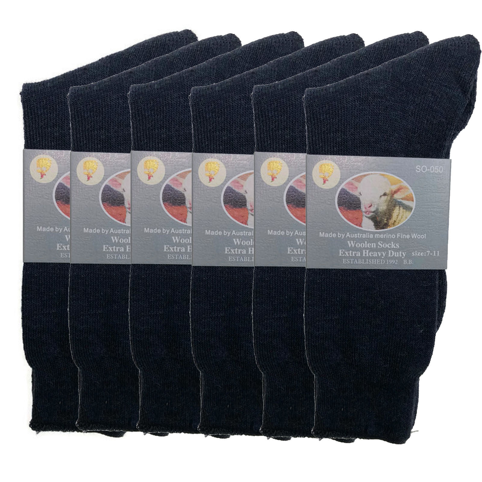 V563-BB-6MWSOX-NVY-7_11-202503051745-00 6 Pairs Merino Wool Blend Woolen Work Socks Hiking Heavy Duty Warm Thermal Bulk - Navy - 7-11 - Image 1